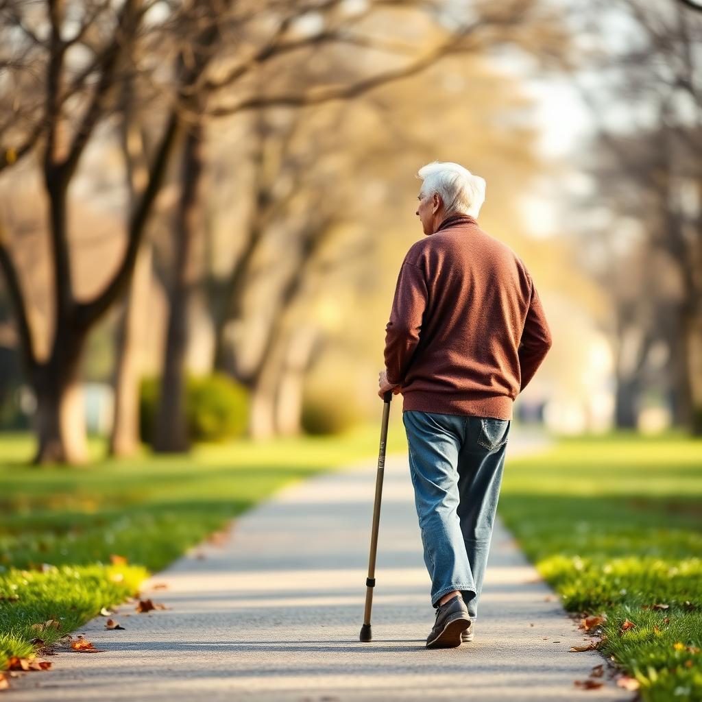 Elderly person walking along a park path