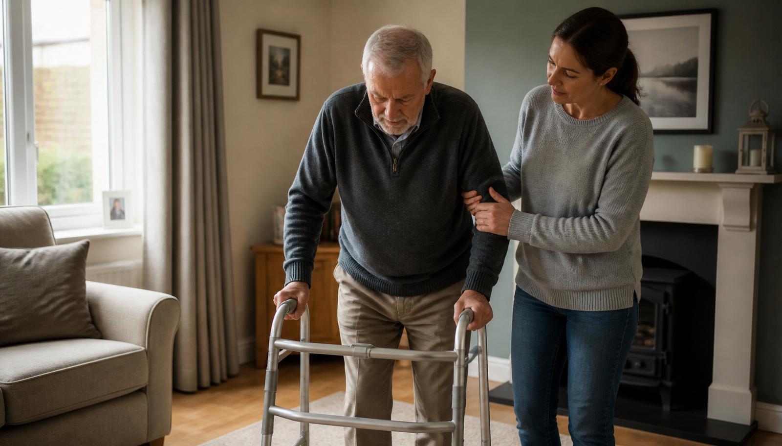 Older patient walking safely at home during early recovery