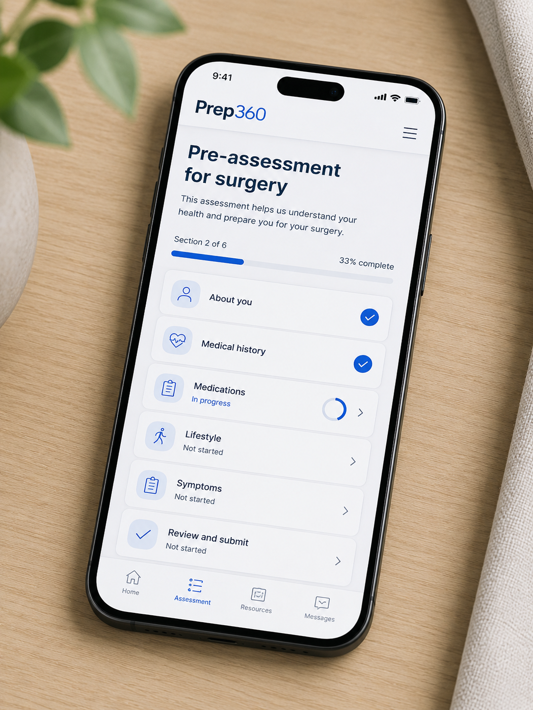 Mobile phone showing a PreOp360 pre-assessment for surgery screen