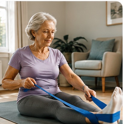 Patient doing rehabilitation exercises at home with a resistance band