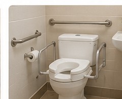 Bathroom with raised toilet seat and grab rails