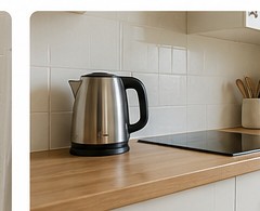 Kitchen worktop with kettle and everyday items within easy reach