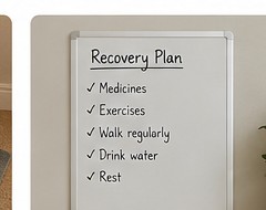 Small whiteboard with a written recovery plan and reminders
