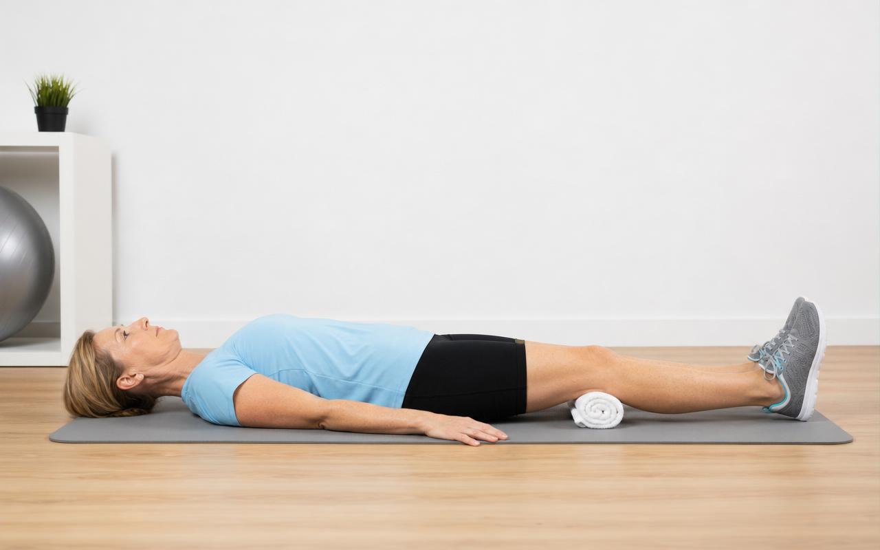 Patient lying flat with leg straight and a small rolled towel under the knee, tightening the quadriceps