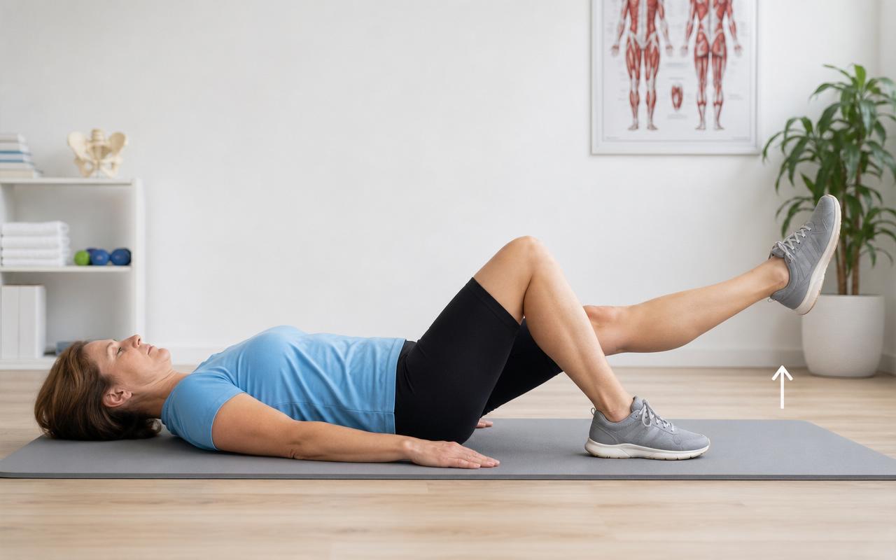 Patient lying on a mat with one knee bent and the other leg straight, lifted approximately 30 cm