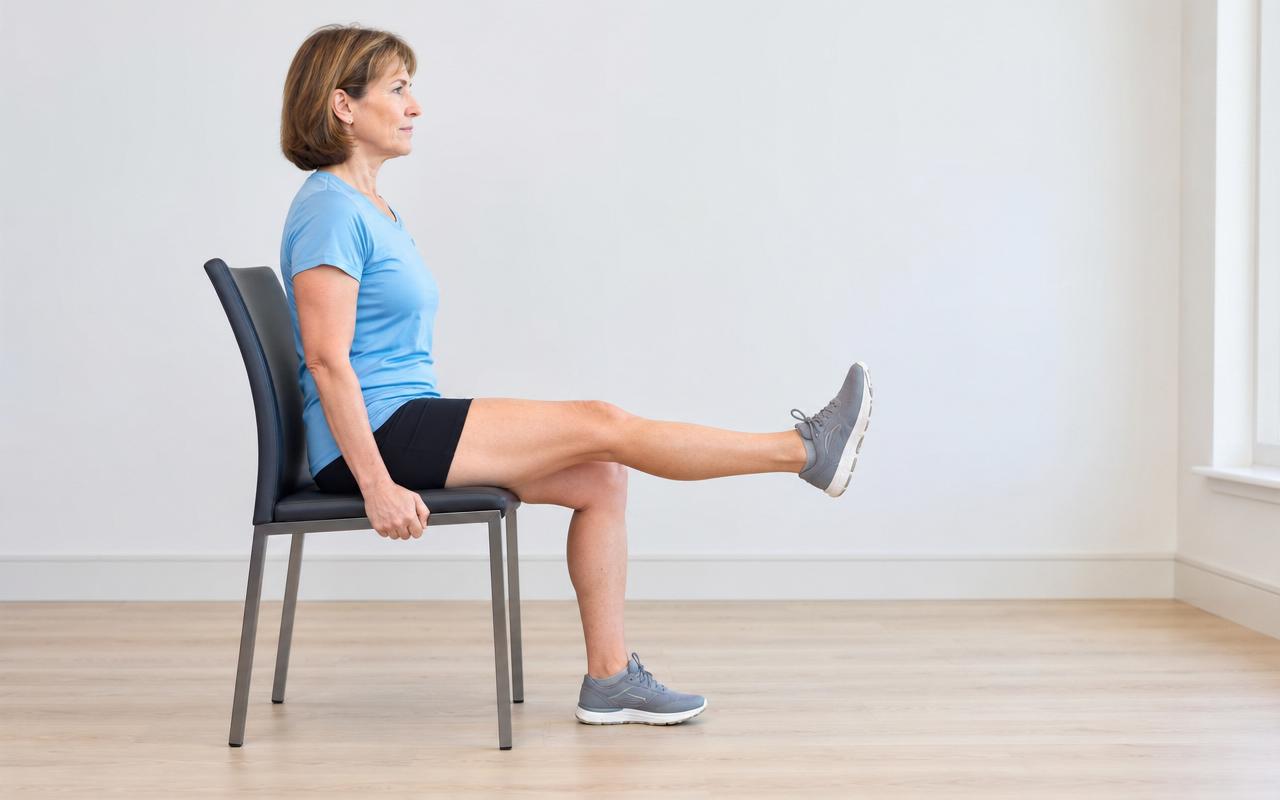 Patient sitting upright on a chair, slowly straightening the knee with foot lifted