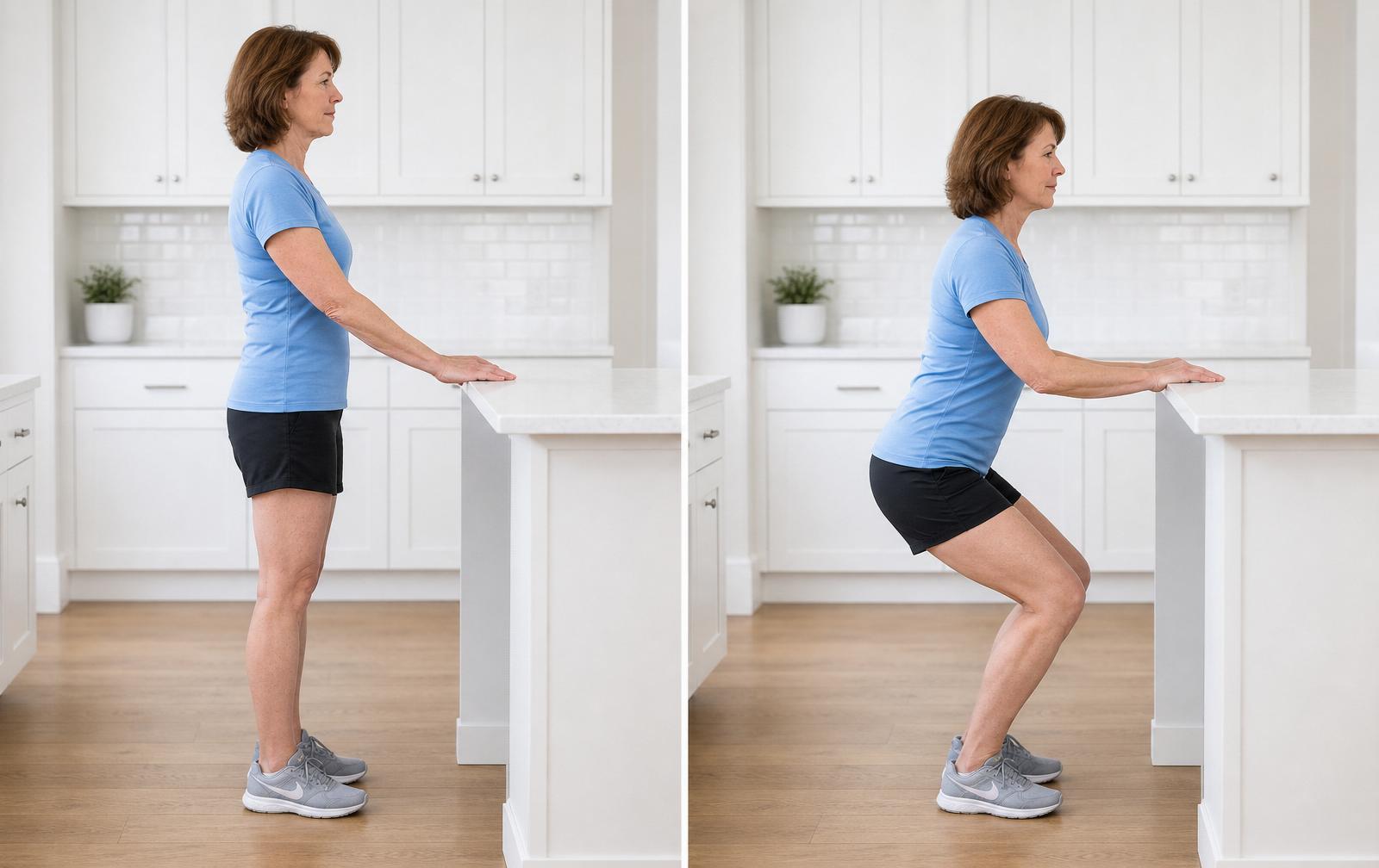 Patient holding a kitchen worktop, shown standing upright and then in a shallow mini squat