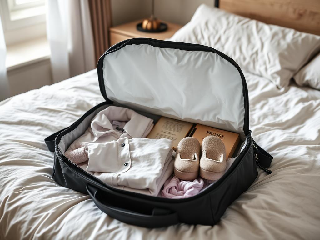 Open overnight bag packed on a bed