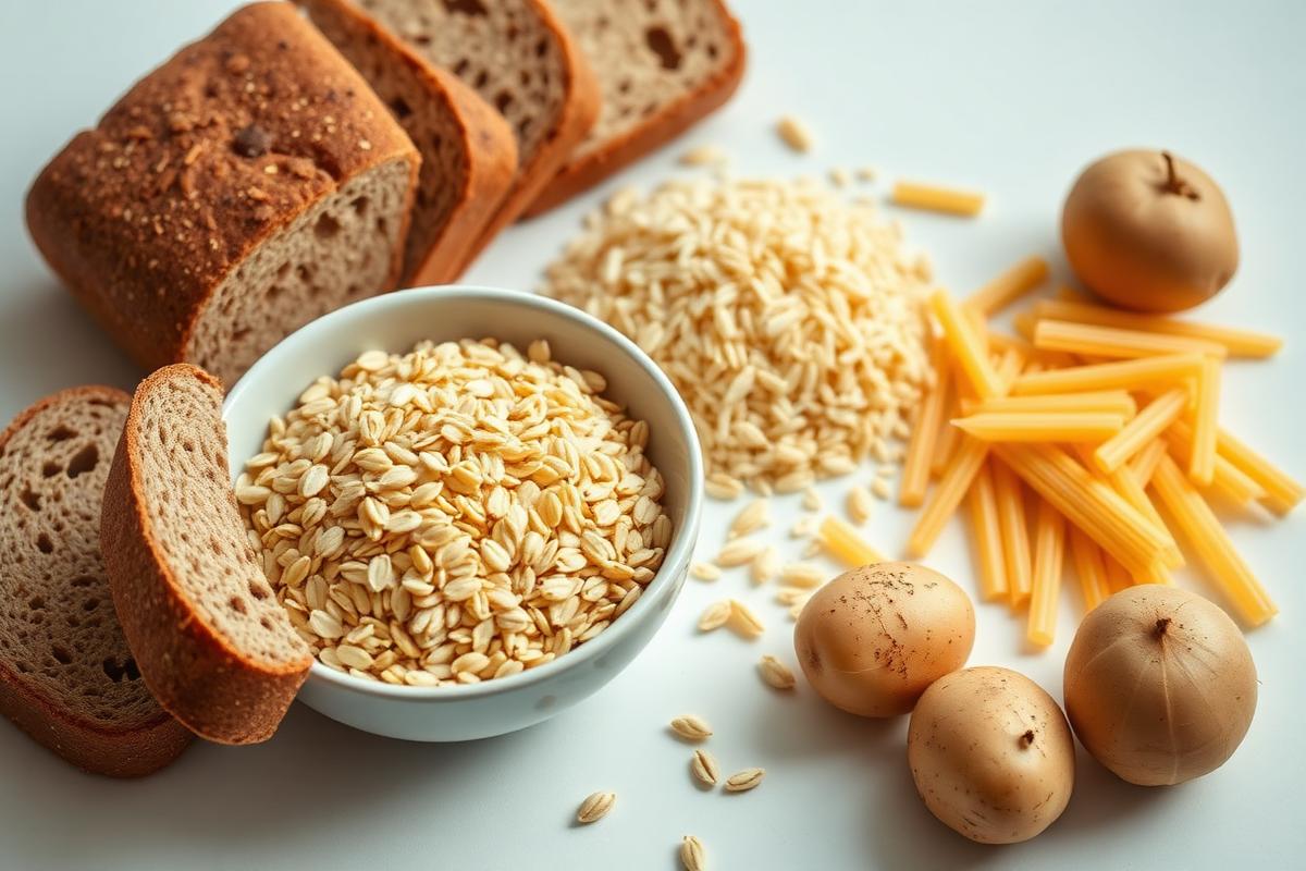 Wholegrain bread, oats, brown rice, wholemeal pasta and potatoes