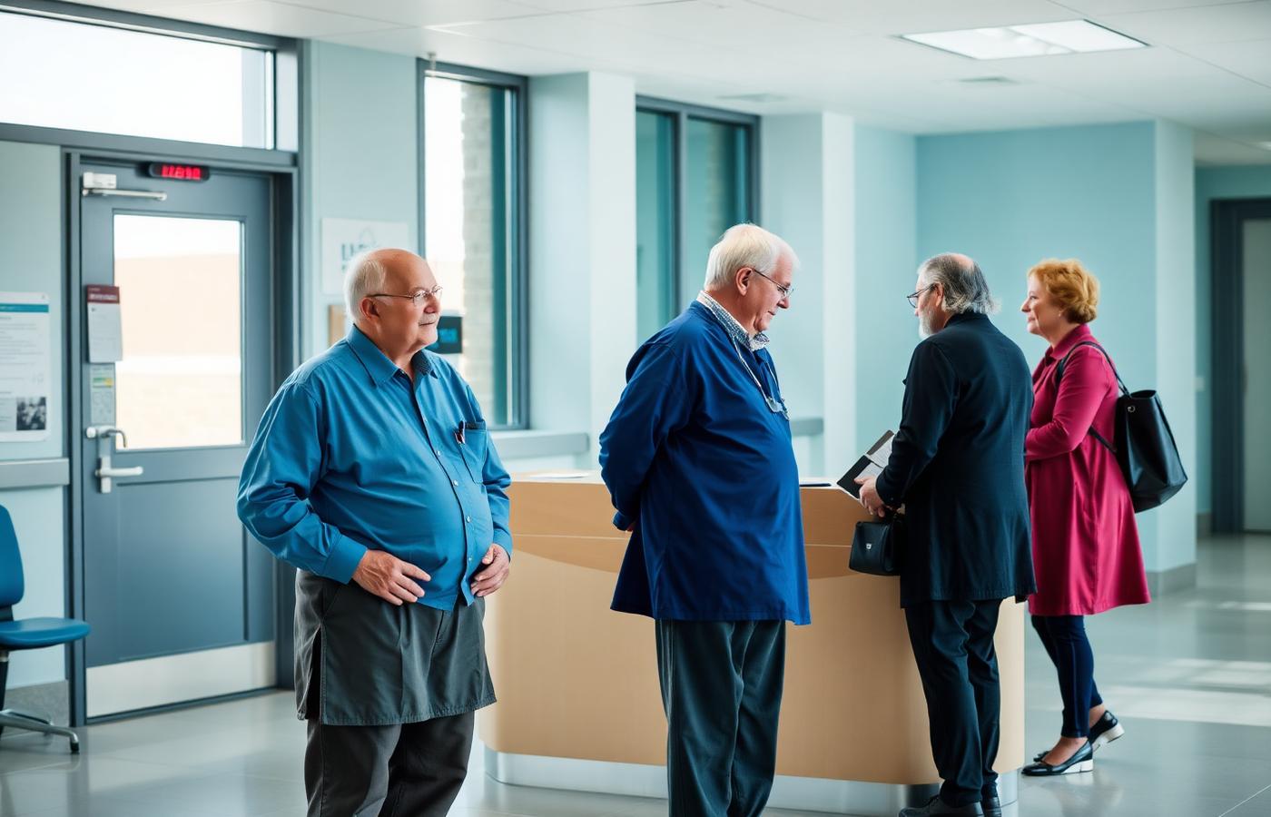 An older patient arriving at a bright hospital admissions area