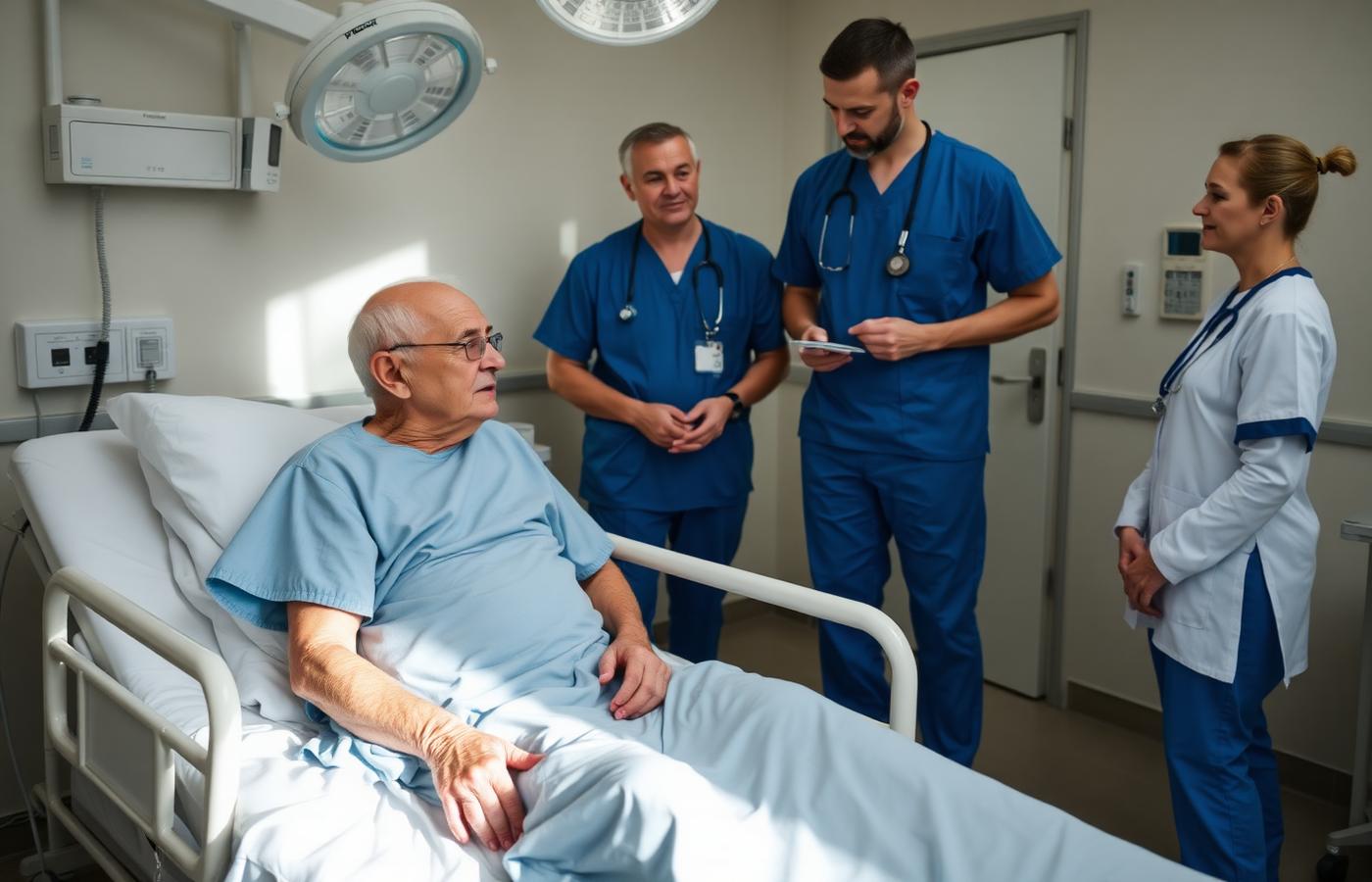 An older patient meeting members of the surgical team in a pre-operative bay