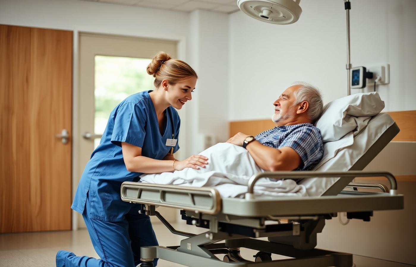 An anaesthetist reassuring an older patient in the pre-operative area
