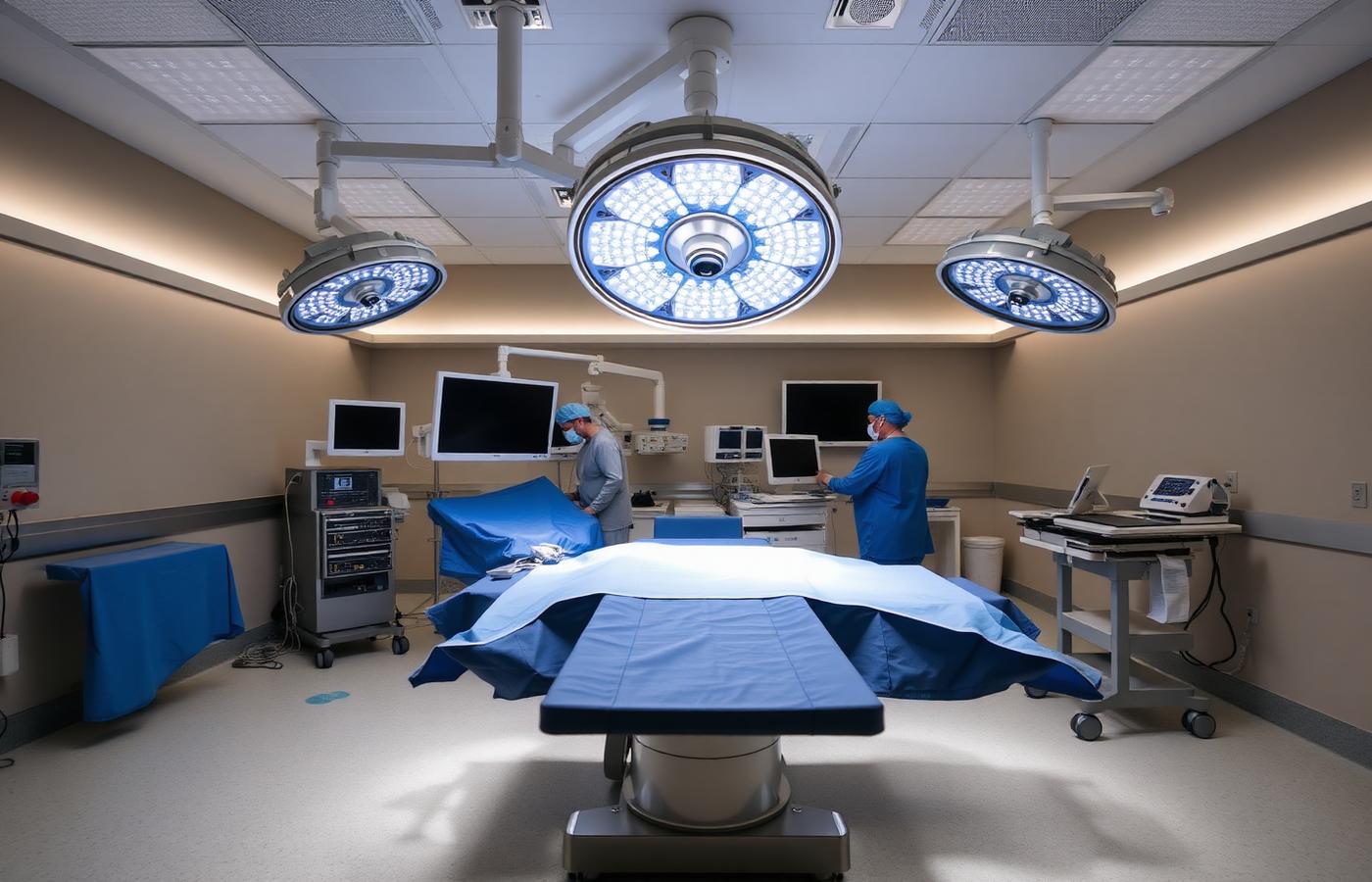 A modern operating theatre with staff preparing equipment