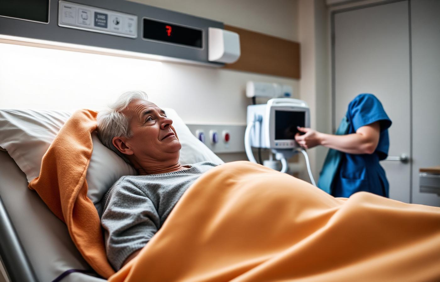 A recovery nurse beside an awake, comfortable patient in a post-anaesthetic care area