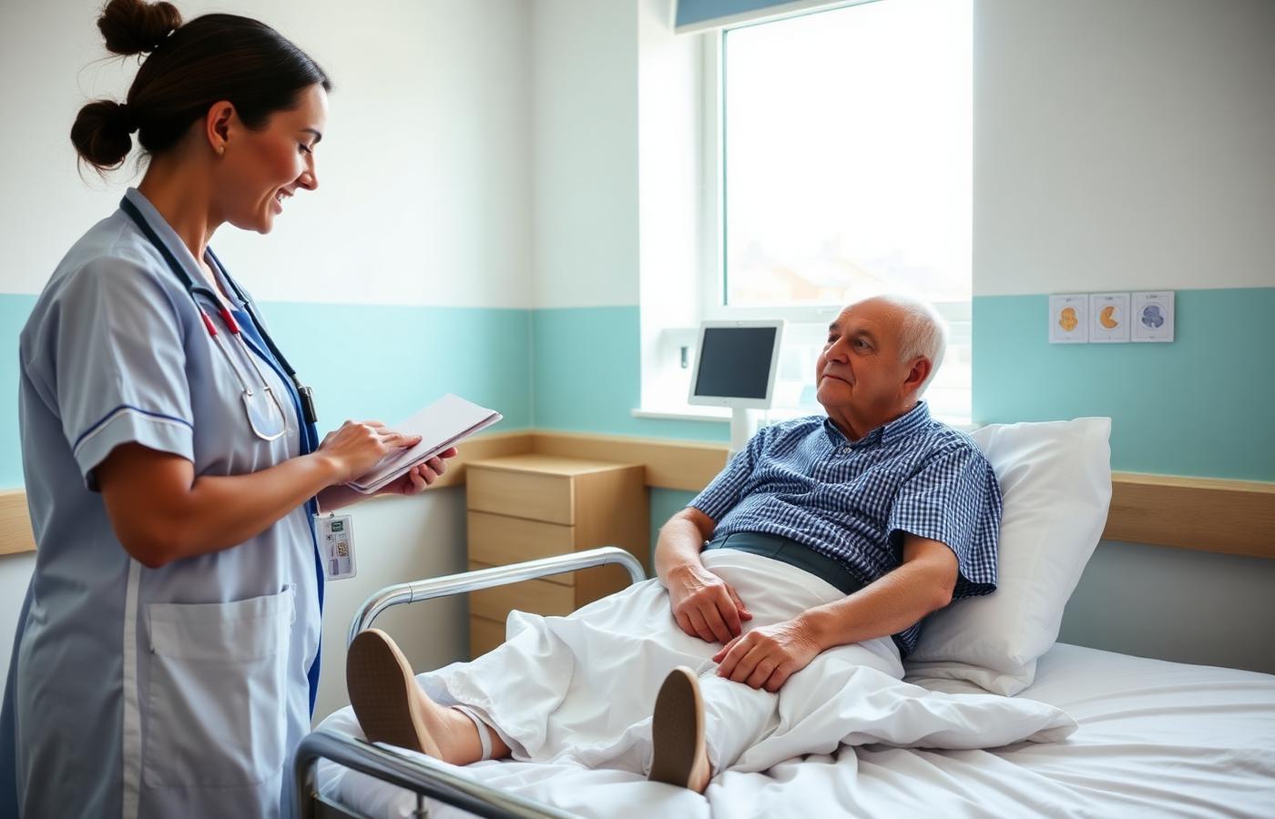 A bright hospital room with a nurse checking on a patient