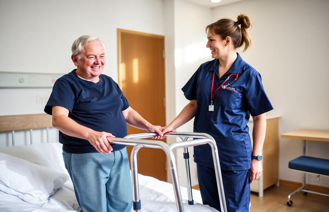 A physiotherapist helping an older patient stand with a walking frame