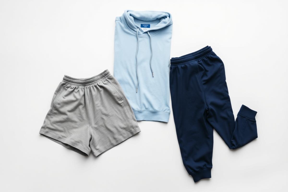 Loose shorts, tracksuit bottoms and a light blue zip-up hoodie folded on a white background