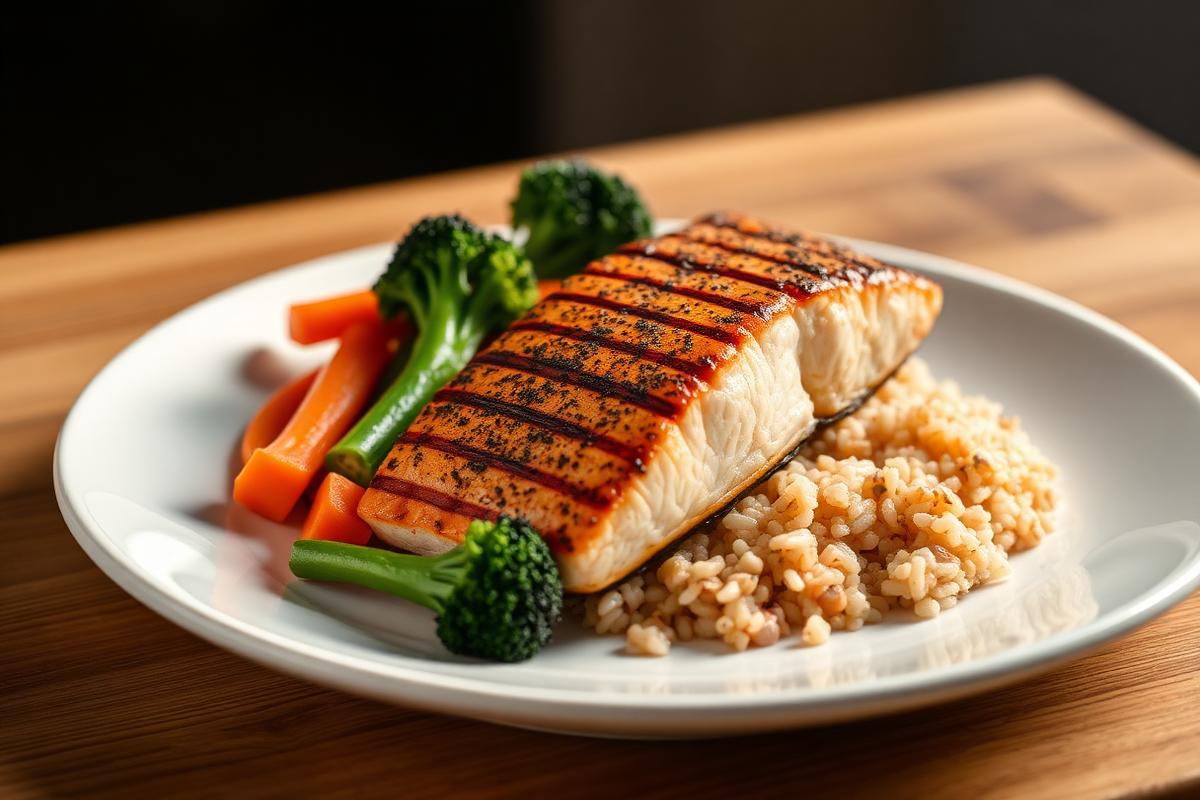 Salmon with vegetables and brown rice