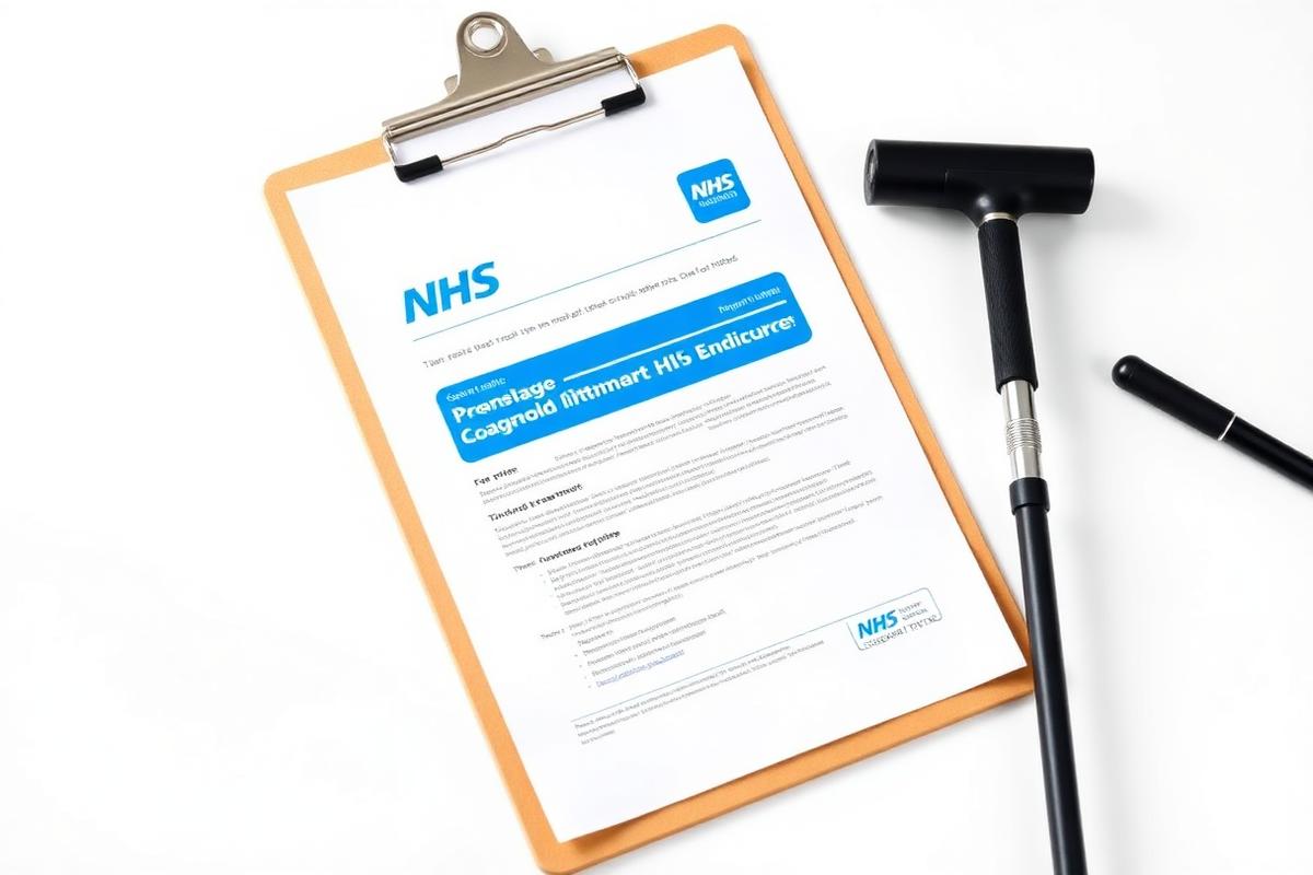 Hospital appointment letter on a clipboard with a walking stick beside it