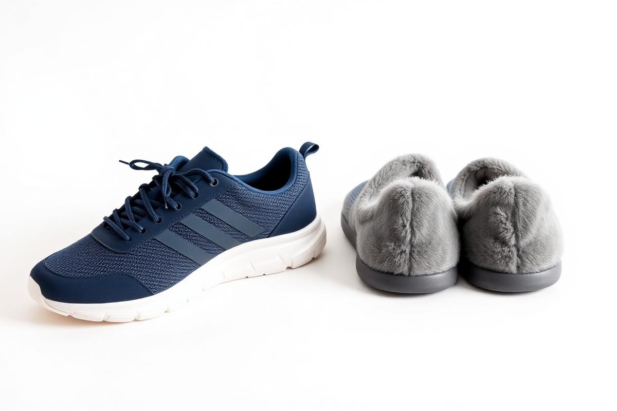 Navy supportive trainers next to a pair of soft grey slippers