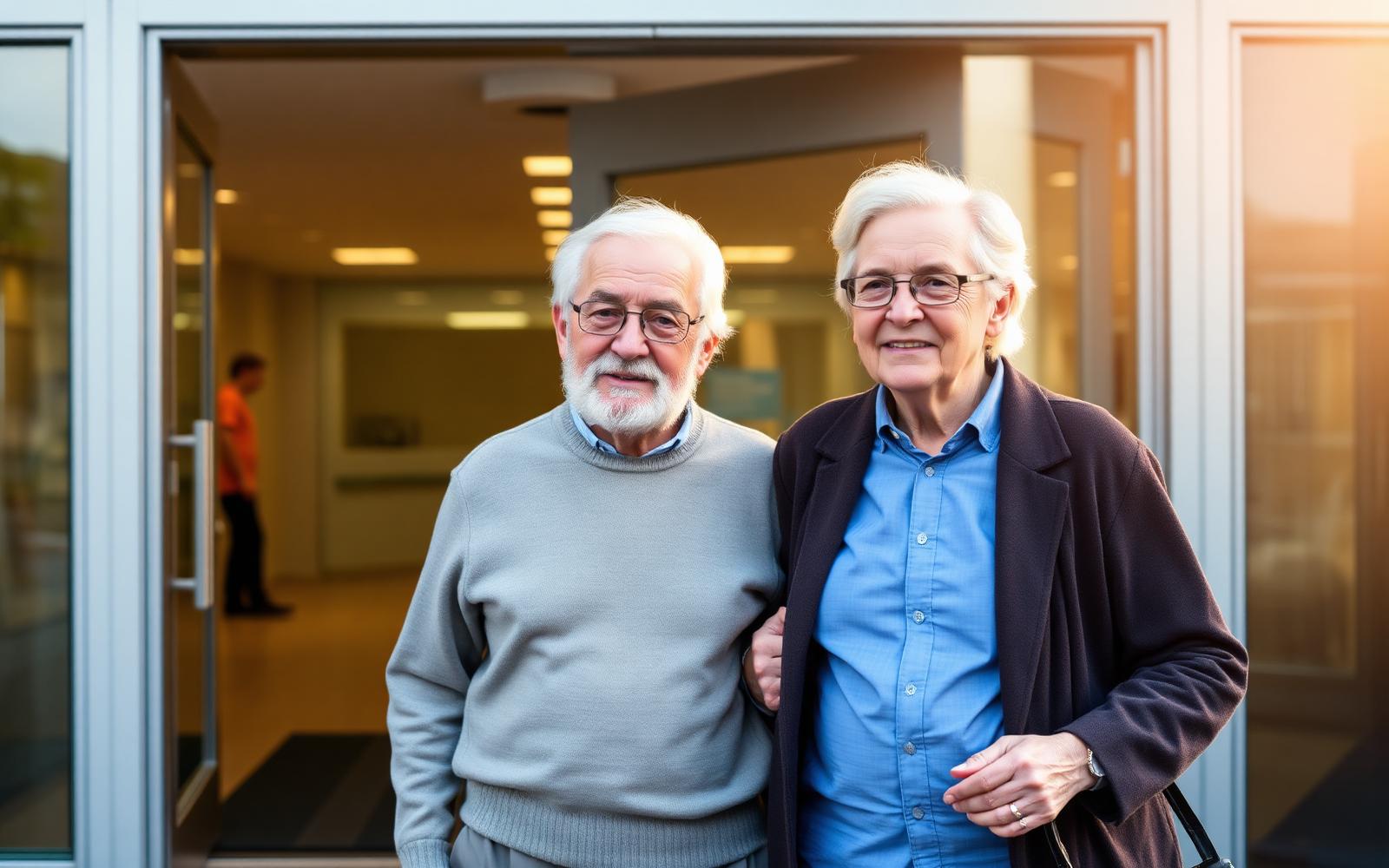 An older couple arriving together at a modern hospital entrance