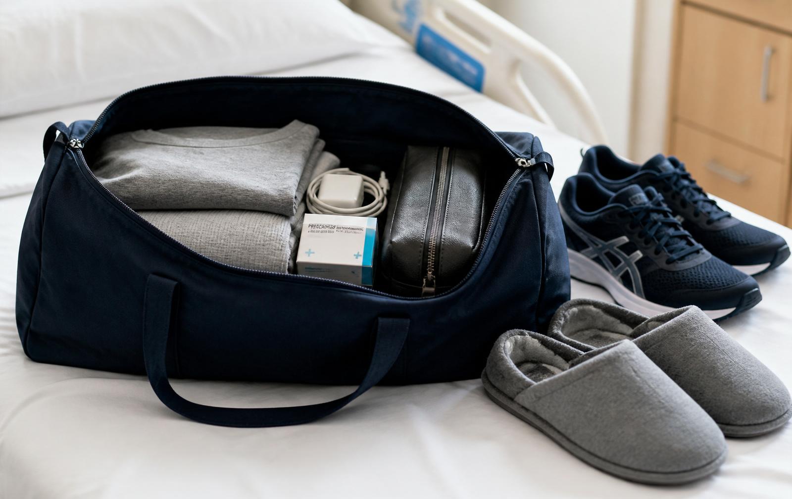 Open navy overnight bag on a hospital bed with folded clothes, medication box, charger and a toiletry bag, next to supportive trainers and slippers