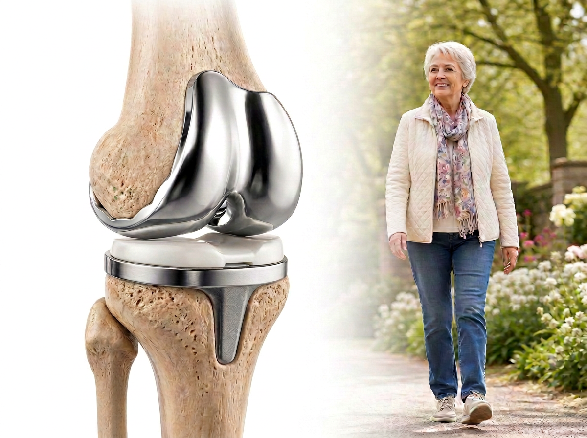 Total knee replacement implant next to an older couple walking outdoors