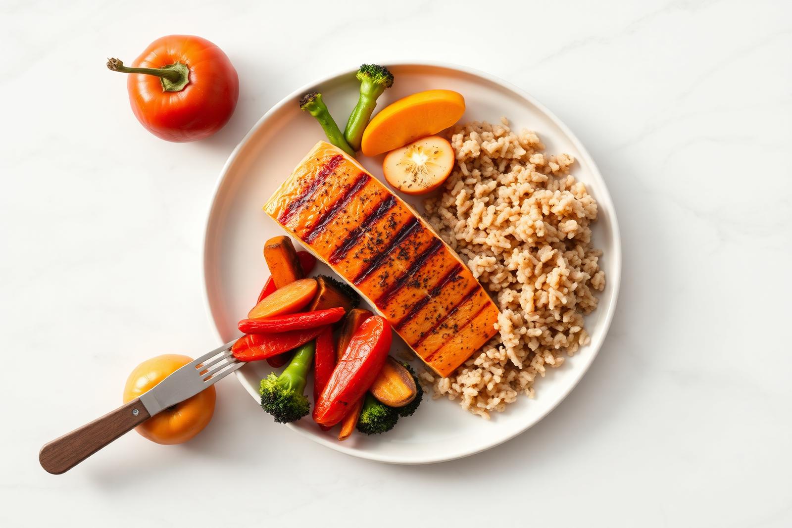 Healthy dinner plate with grilled salmon, colorful vegetables, brown rice and fresh fruit