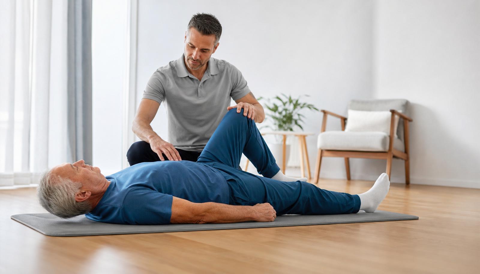Older adult performing supervised physiotherapy exercises at home on a mat in a bright modern living room
