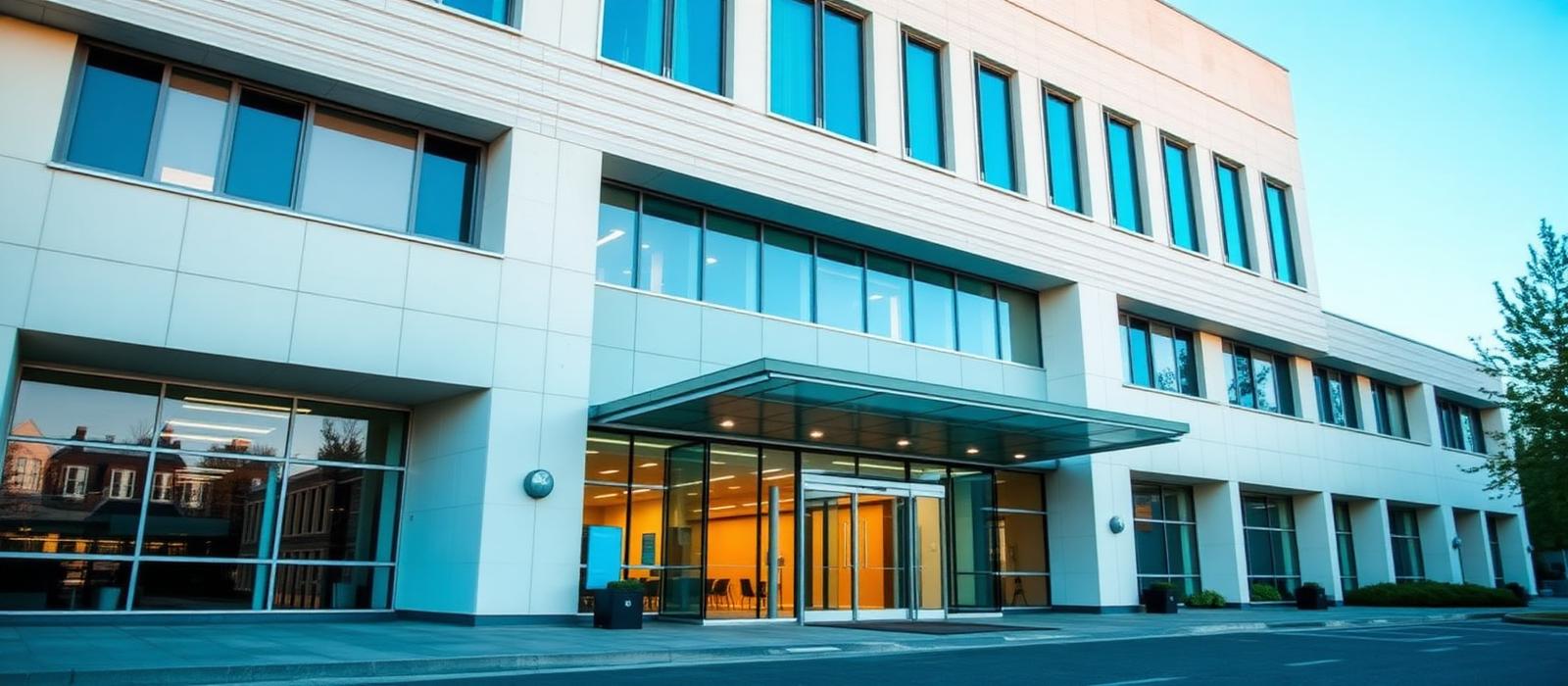 Modern hospital building exterior on a calm morning