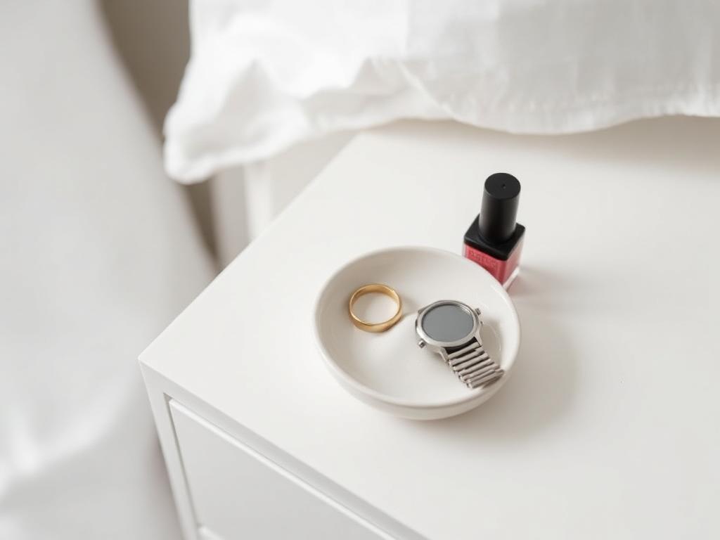 Ring, watch and nail varnish on a bedside dish