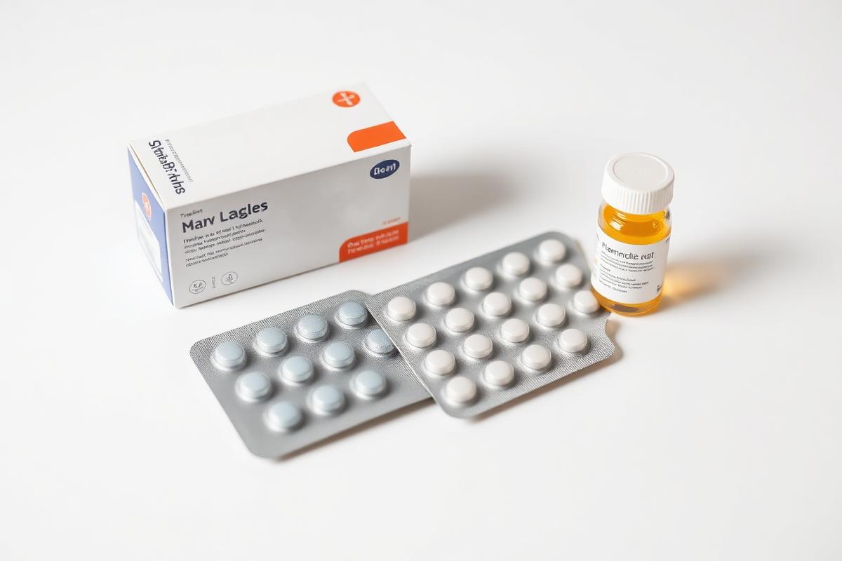 Medication box, blister packs of tablets and a small prescription bottle
