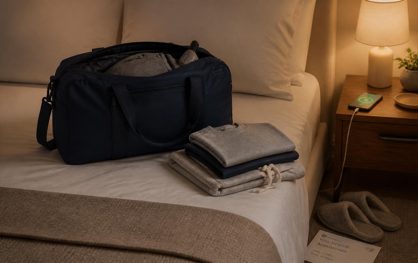 A packed overnight bag beside a bed with folded clothes, phone charging and slippers ready for hospital