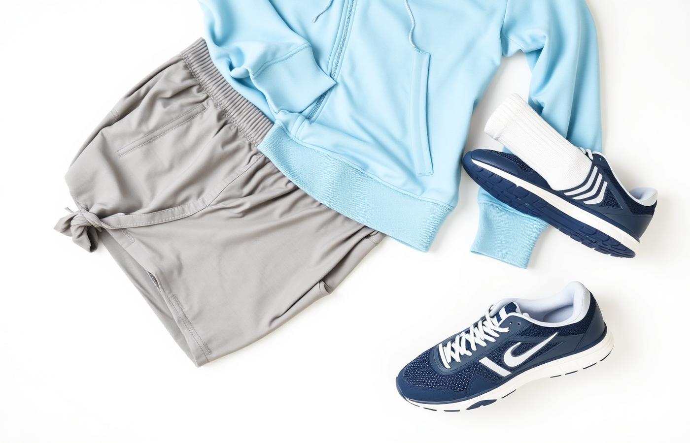 Light blue zip hoodie, loose grey shorts, navy trainers and folded socks