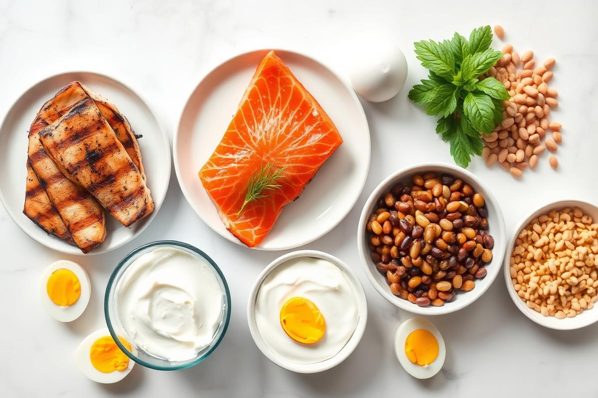 Chicken, fish, eggs, yoghurt and beans on a marble surface