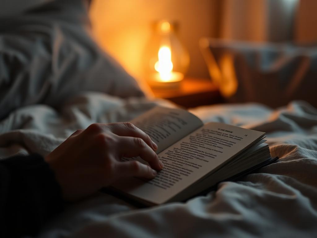 Person reading a book by a warm bedside lamp