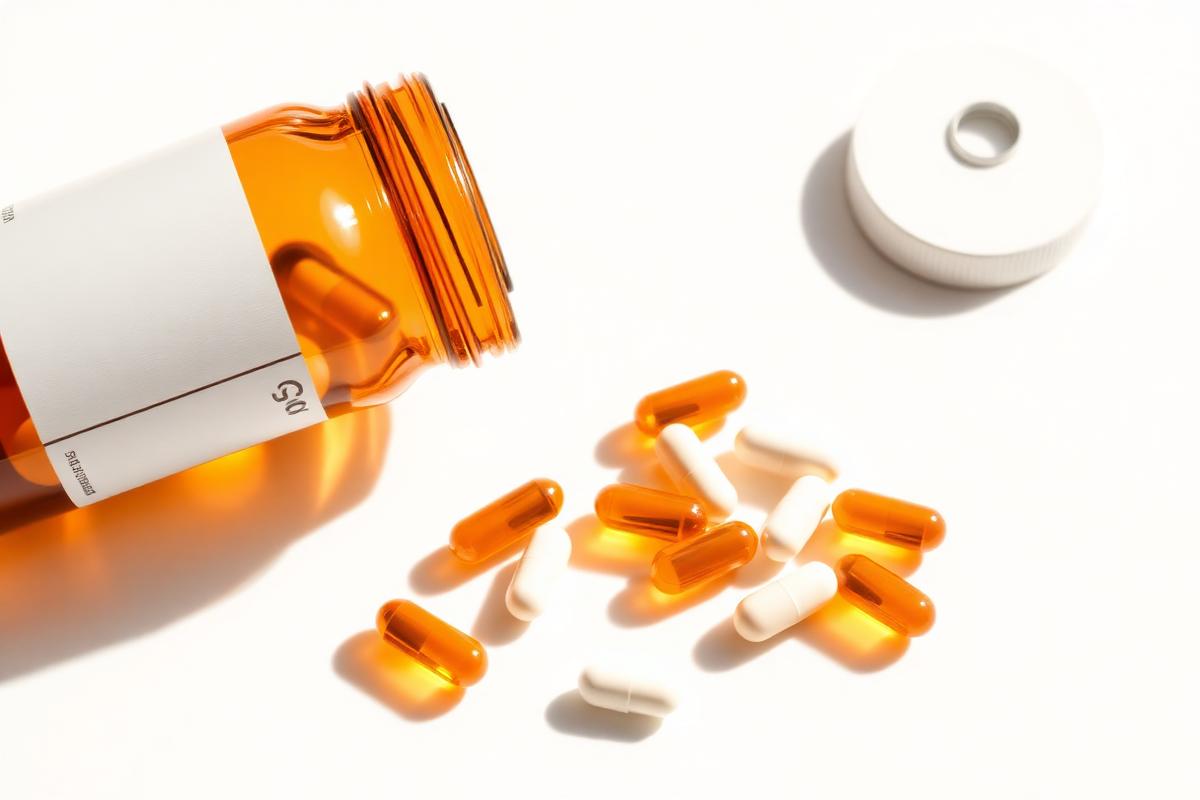 Amber supplement bottle with vitamin capsules