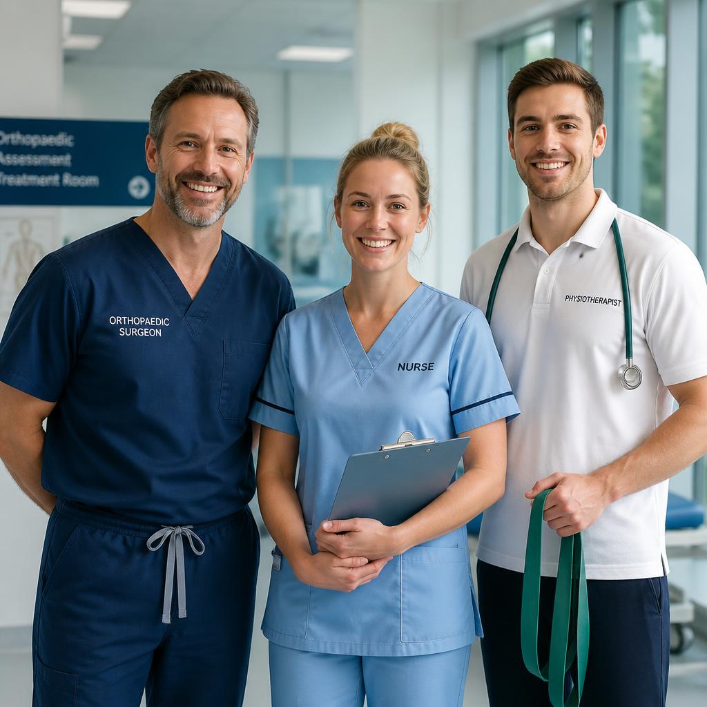 Orthopaedic surgeon, nurse and physiotherapist standing together