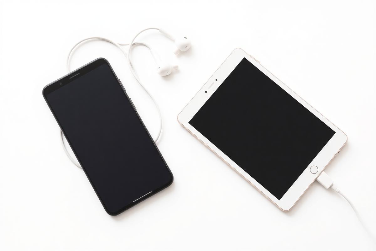 Smartphone with a long white charging cable, a small tablet and earphones