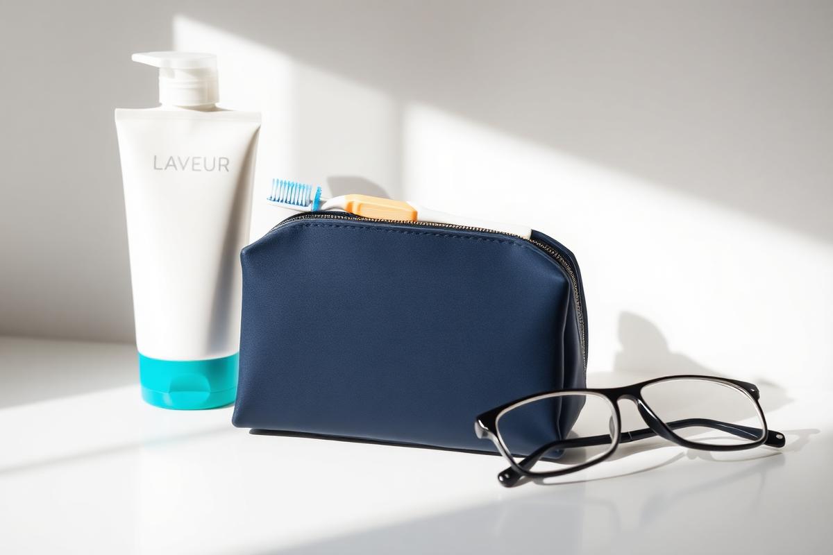 Small navy wash bag with toothbrush, toothpaste, shampoo and reading glasses