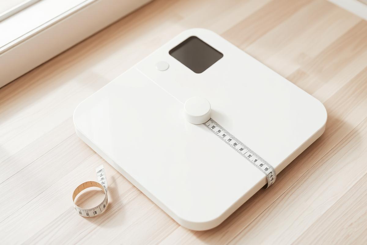 Minimalist white scale and tape measure on a wooden floor